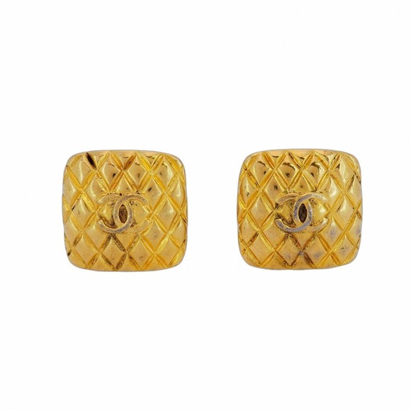 Chanel Coco Mark Matelasse Square Earrings, GP Plated Gold, Women's - Picture 1 of 9